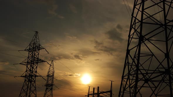 Time Lapse of Electrical Grid and Transmission Line at Dusk