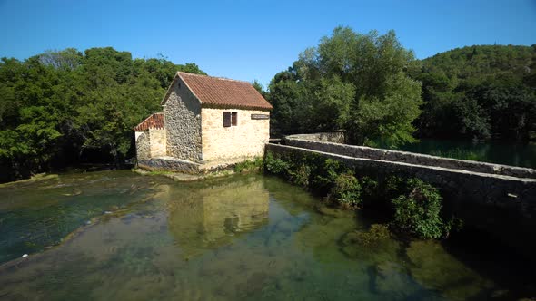 View of a boat house by the river in Kraka National Park Dalmatia Region Croatia