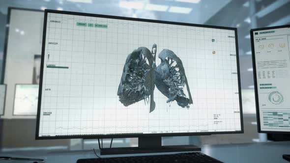 Advanced biomedical program. Scan image of an infected lung. Covid 19 pneumonia. alt