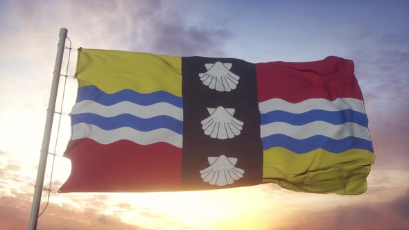 Bedfordshire Flag England Waving in the Wind Sky and Sun Background