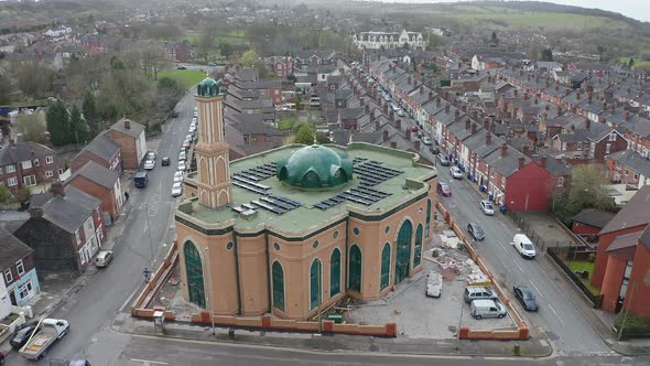 Aerial view of Gilani Noor Mosque in Longton, Stoke on Trent, Staffordshire, the new Mosque being bu