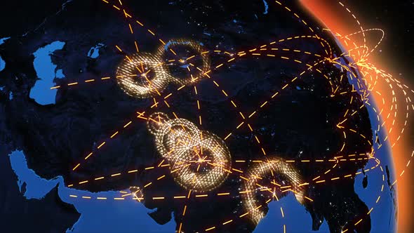 World connections with city lights. Orange. Spinning Earth with light.