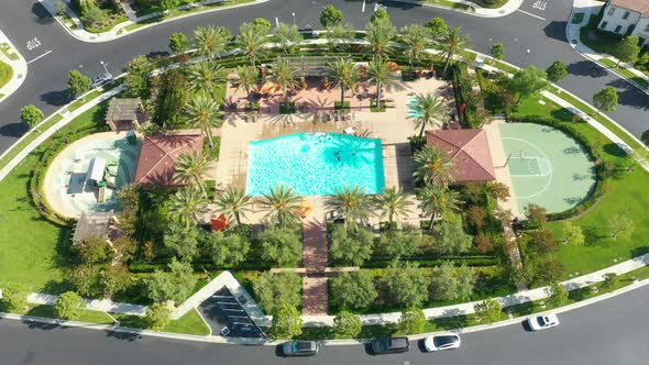 Low fly over a new residential community in Irvine, California with an amazing private recreational