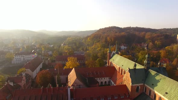 Aerial view of the Oliwa Cathedral in Sopot, autumn time
