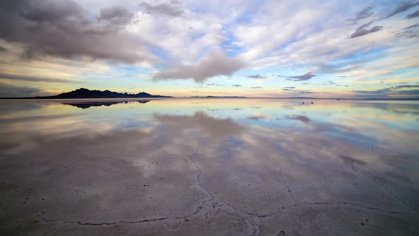 Time lapse reflection over Bonneville Salt Flats at sunset