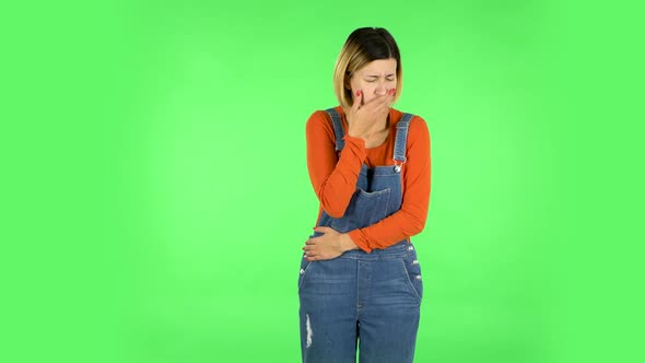 Cute Female Feels Bad, Her Stomach Hurts, Feeling Nausea. Green Screen