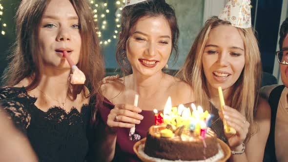 Happy Multiracial Friends Selfie Congratulating with Birthday Excited Asian Girl Giving Cake