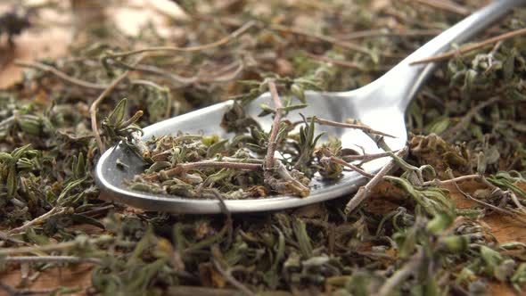 Dry herb thyme in a metal spoon in a heap of herbal twigs