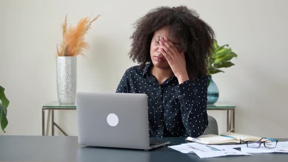 Tired From Laptop Work Sad African American Young Woman Freelancer or Sales Manager Sitting at