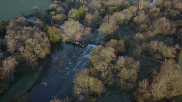 River Avon Weir Saxon Mill Warwickshire Aerial Overhead View Winter