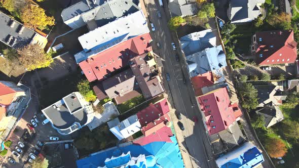 Aerial Top Down Drone View on Uzhhorod Town with Narrow Streets Ancient Buildings with Red Roofs