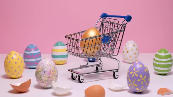 Shopping Cart with Colorful Easter Eggs