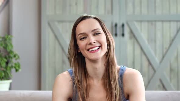 Portrait of Adorable Young Blonde Woman Talking Laughing