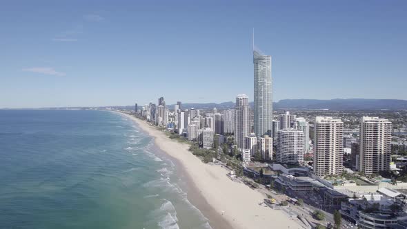 Flying Towards High Rise Building With SkyPoint Observation Deck In Surfers Paradise, Gold Coast, Qu