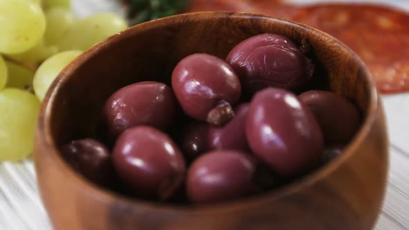 Grapes, red olives, spices and meat