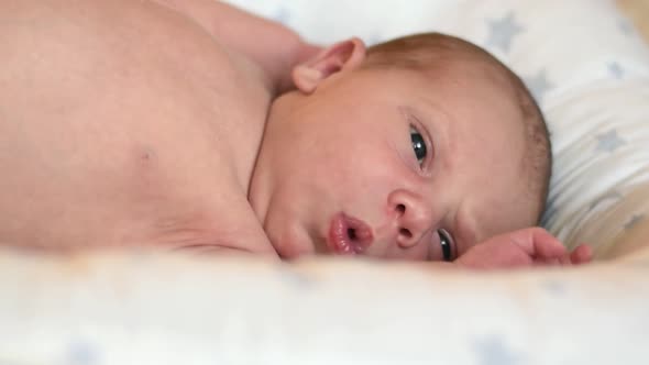 Closeup Portrait of Newborn Baby on White Blanket