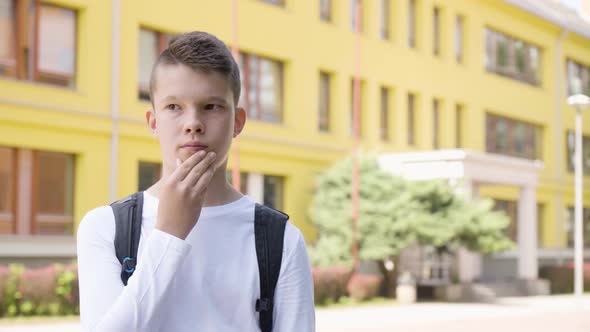 A Caucasian Teenage Boy Thinks About Something  a School in the Background