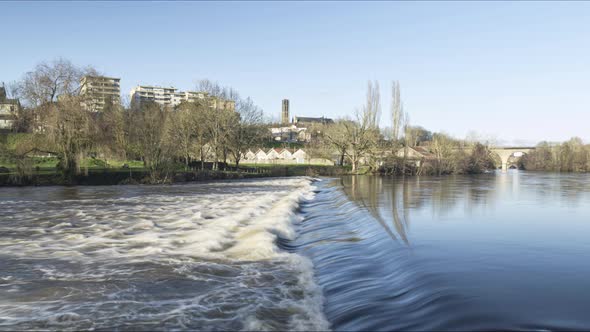 River WaterFall in front of Limoges Cathedral Saint Etienne Timelapse