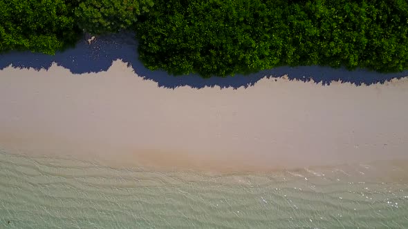 Aerial drone panorama of tropical lagoon beach break by blue water with sand background