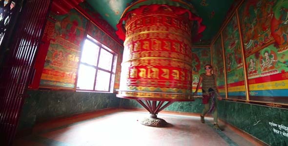 Tourist Girl At Prayer Wheel, Kathmandu Nepal 2