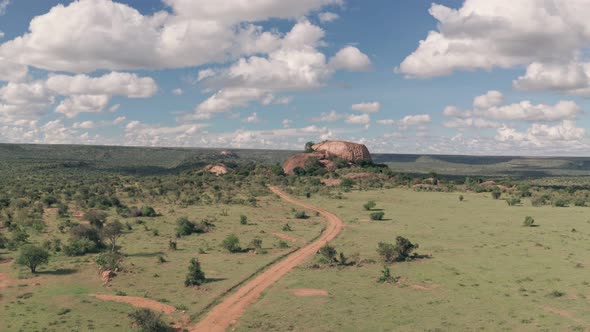 Four wheel drive on safari at Baboon Rock in Laikipia, Kenya, Aerial drone view