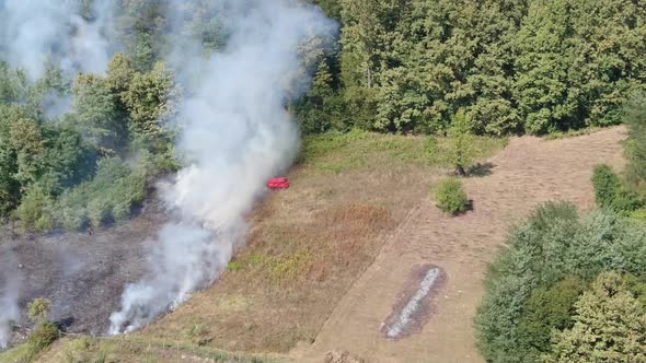Smoke and fire on a meadow. Red firetruck and green forest.