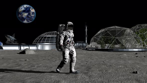 Astronaut Walking on the Moon In The The Colony of the Future on the Moon alt