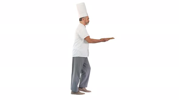 Cook Walking in a Hurry with a Pizza in His Hands on White Background