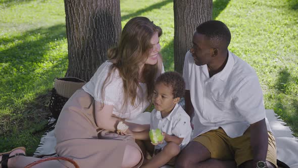 Black Father Fairskinned Mother and Mestizo Child in the Park
