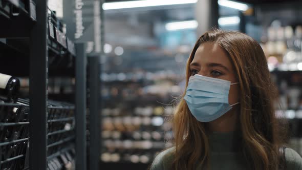 Closeup Young Woman Caucasian Girl Consumer Buyer Wears Medical Mask During Coronavirus Pandemic