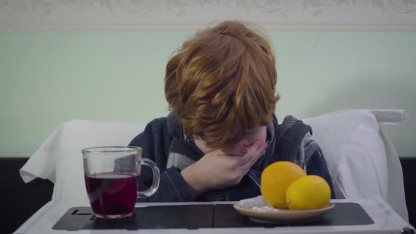 Redhead Caucasian Boy Sneezing and Looking at Camera. Sick Redhead Child Sitting in Bed at Home