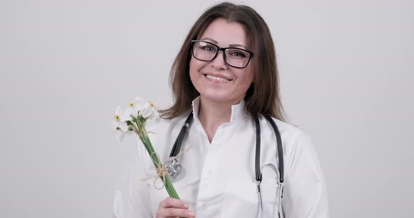 Bouquet Flowers Hands Female Doctor Stethoscope