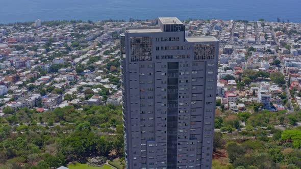 Skyscraper in Avenida Anacaona at Santo Domingo city. Aerial circling