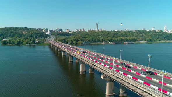 Aerial Drone Footage. Fly Above Paton's Bridge During Reconstruction