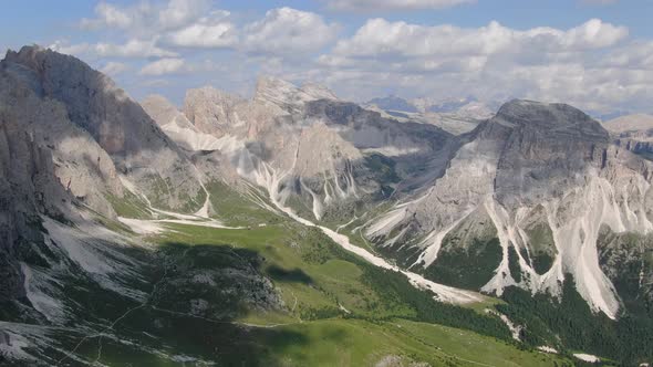 Amazing aerial view of Dolomites mountains in Val Gardena region, Italy, Europe