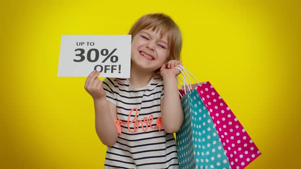 Kid Child Girl Showing Shopping Bags and Up To 30 Percent Off Inscriptions Banner Text Black Friday