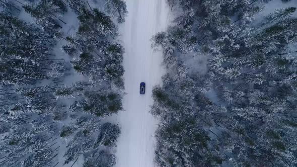 Aerial view of a car driving in the snowy forest in Estonia.
