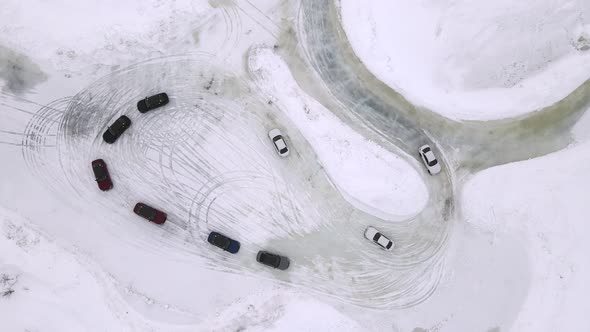 Drone Aerial View of Training Circuit on Frozen Lake with Sport Cars Training on It Before