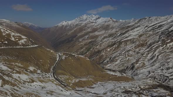 Aerial view of mountains near Datvijvari Pass in Khevsureti. Georgia