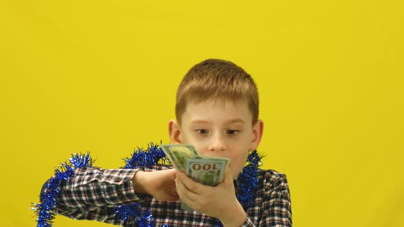 Caucasian cheerful boy 7 years old scatters dollar bills. Financial success in childhood