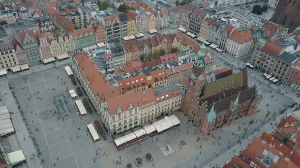 Aerial View of Wroclaw City. Beautiful, Old Town. Crowded Market Square of a Big, Polish City.