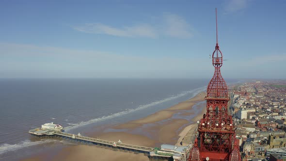 Stunning aerial footage, view of Blackpool Tower by the award winning Blackpool beach, A very popula