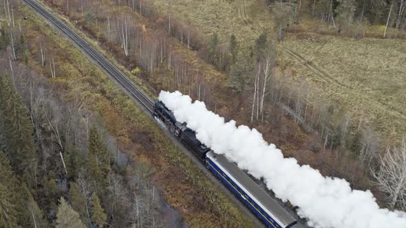 Steam vintage locomotive pass over autumn forest. Ruskeala express train