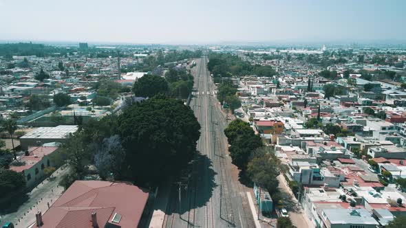 Backwards view of train rails near Queretaro station in Mexico