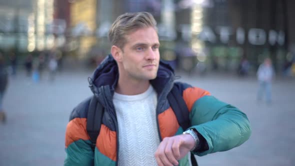 Slowmotion Handsome Confident Thoughtful Worried Blond Guy Checking Time Looking Watch Impatient