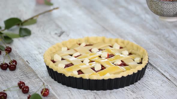 Ingredients for baking cake stuffed with fresh cherry pie