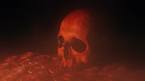 Treasure Pile With Skull In Smoky Fire Glow