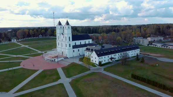 Majestic Aglona Cathedral in Latvia. White Chatolic Church Basilica. Aerial Dron 4K Shot