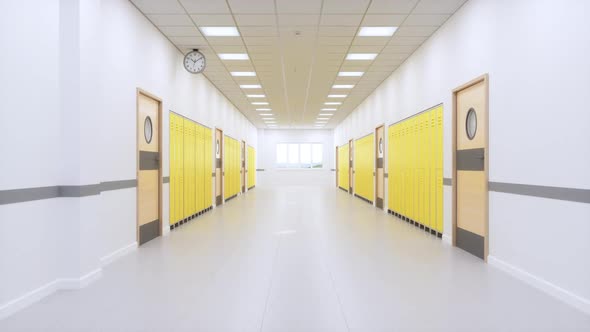 Empty School Corridor With Yellow Lockers And Closed Doors