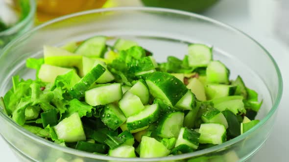 Woman Cooking Salad of Fresh Green Vegetables and Herbs